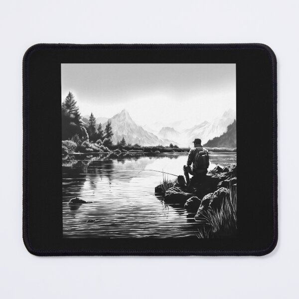 Item preview, Black and White Lakeside Fisherman – Peaceful Mountain Nature Art designed and sold by inkoutninja.