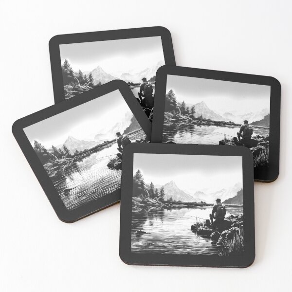 Item preview, Black and White Lakeside Fisherman – Peaceful Mountain Nature Art designed and sold by inkoutninja.