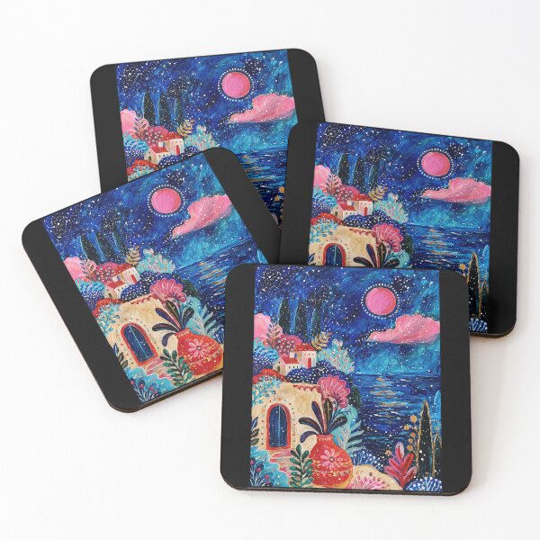 Item preview, Dreamy Coastal Night Painting with Colorful Mediterranean Style designed and sold by eliramaison.