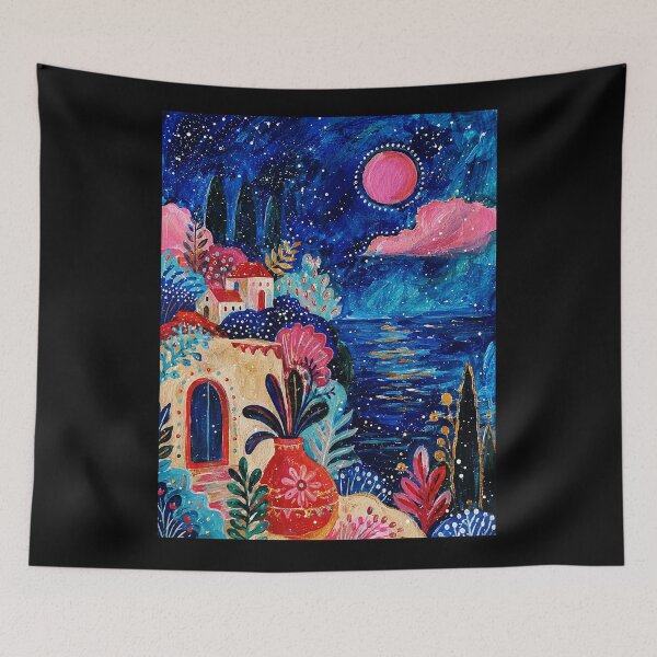 Item preview, Dreamy Coastal Night Painting with Colorful Mediterranean Style designed and sold by eliramaison.