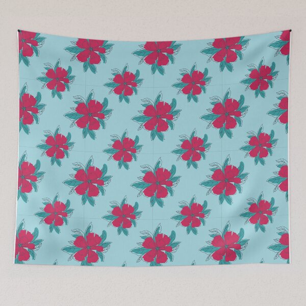 Item preview, Retro Red Pink Floral Cyan Seamless Pattern designed and sold by FMSeamlessArt.