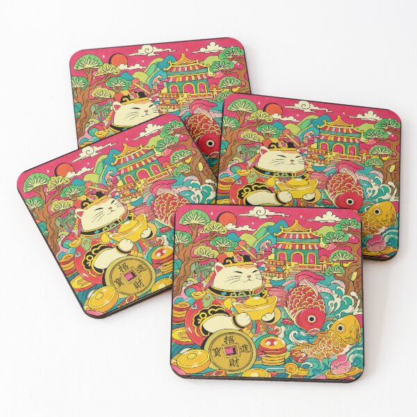 Item preview, Lucky Cat and Koi Fish in Colorful Retro Asian Folk Art Style designed and sold by eliramaison.