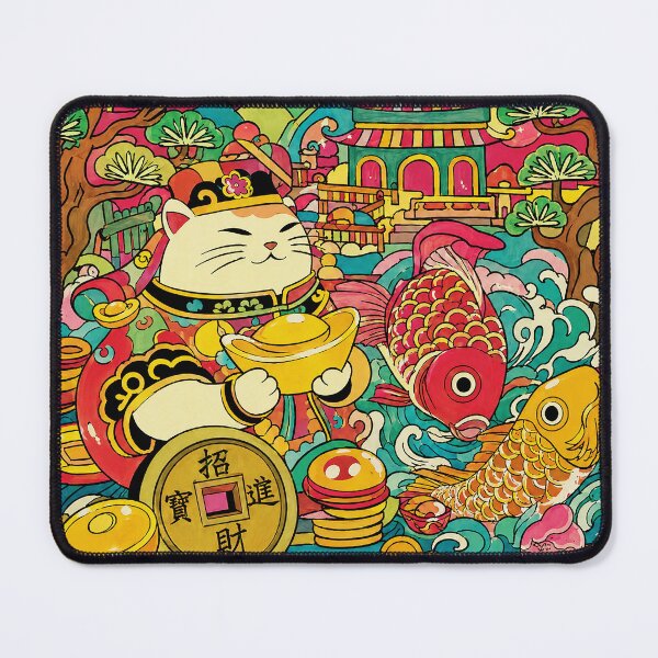 Item preview, Lucky Cat and Koi Fish in Colorful Retro Asian Folk Art Style designed and sold by eliramaison.