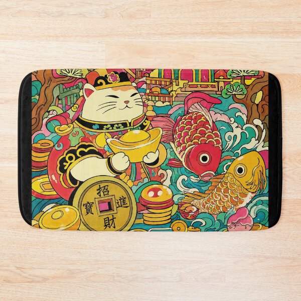 Item preview, Lucky Cat and Koi Fish in Colorful Retro Asian Folk Art Style designed and sold by eliramaison.
