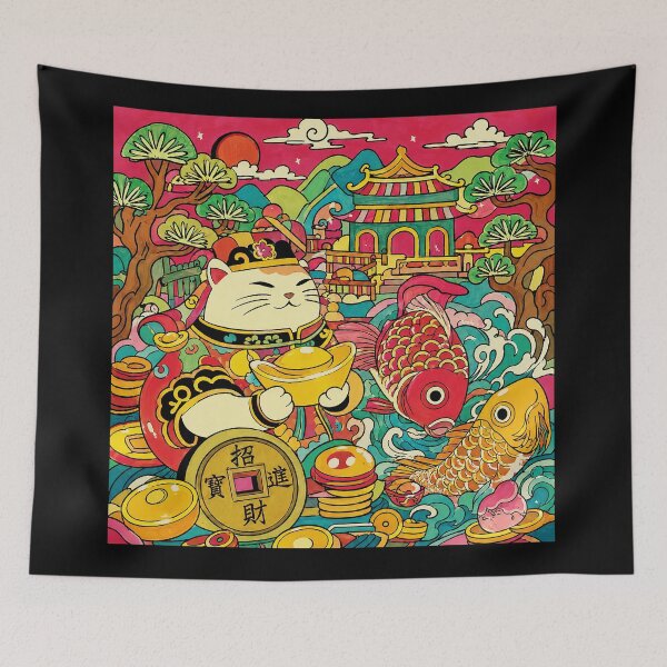 Item preview, Lucky Cat and Koi Fish in Colorful Retro Asian Folk Art Style designed and sold by eliramaison.