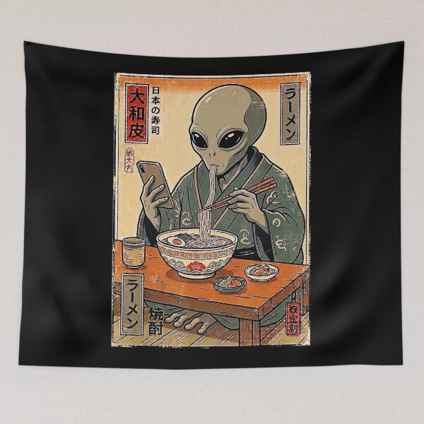 Item preview, Funny Alien Eating Ramen in Vintage Japanese Sci Fi Poster Style designed and sold by titanlevi.