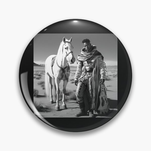 Item preview, Black and White Desert Warrior with White Horse – Fantasy Nomad Art designed and sold by inkoutninja.