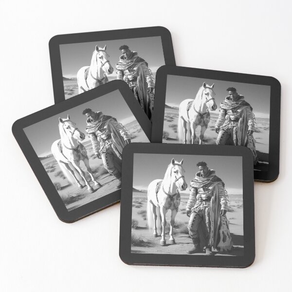 Item preview, Black and White Desert Warrior with White Horse – Fantasy Nomad Art designed and sold by inkoutninja.