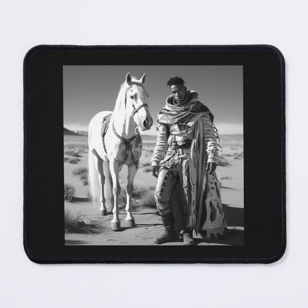 Item preview, Black and White Desert Warrior with White Horse – Fantasy Nomad Art designed and sold by inkoutninja.