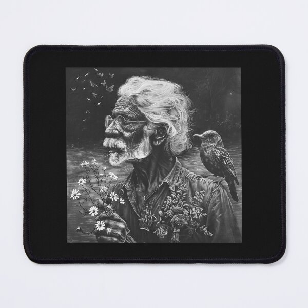 Item preview, Black and White Elder Man with Bird – Nature Wisdom Portrait Art designed and sold by inkoutninja.