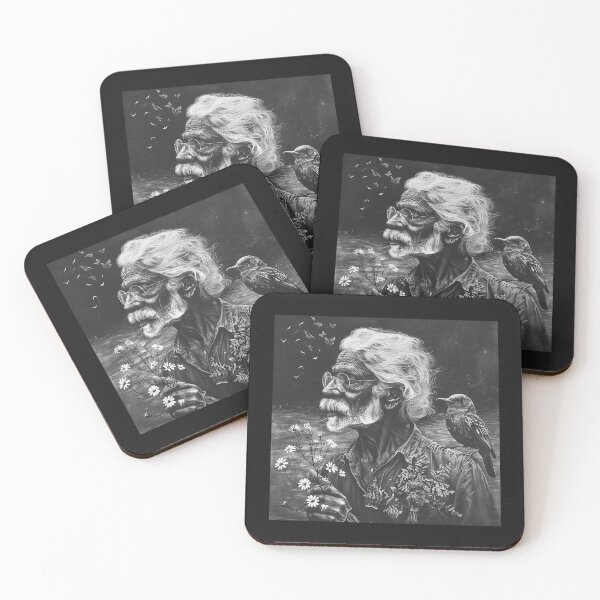 Item preview, Black and White Elder Man with Bird – Nature Wisdom Portrait Art designed and sold by inkoutninja.