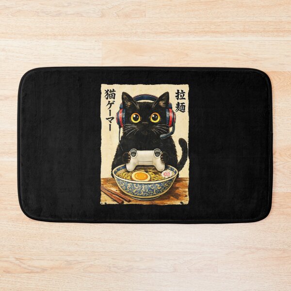 Item preview, Cute Black Gamer Cat Eating Ramen in Retro Japanese Style designed and sold by titanlevi.