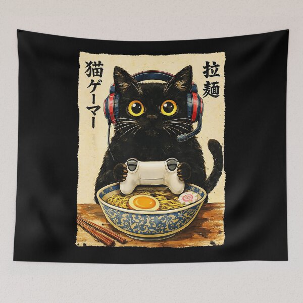 Item preview, Cute Black Gamer Cat Eating Ramen in Retro Japanese Style designed and sold by titanlevi.