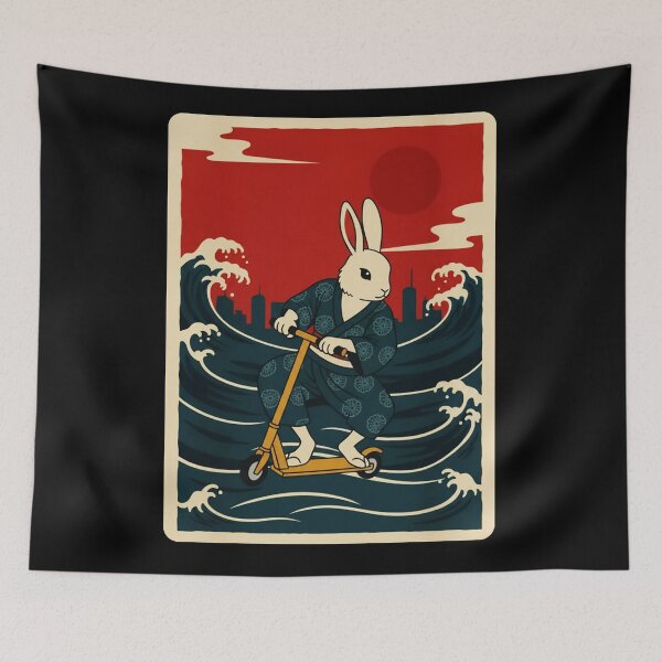 Item preview, Rabbit Riding Scooter Through Retro Ocean Waves Japanese Style designed and sold by JordynLadukeg65.