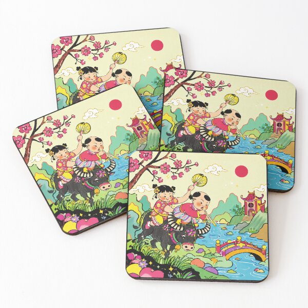 Item preview, Whimsical Folk Art Children Riding Buffalo in Colorful Asian Landscape designed and sold by eliramaison.
