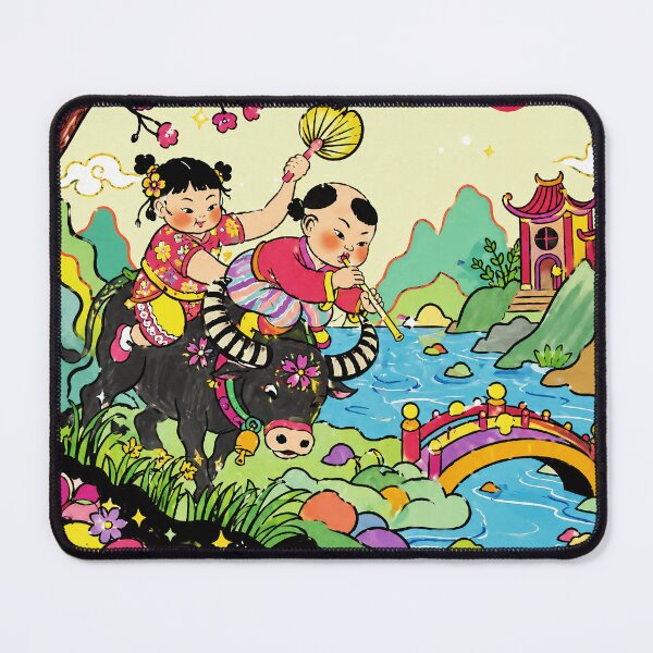 Item preview, Whimsical Folk Art Children Riding Buffalo in Colorful Asian Landscape designed and sold by eliramaison.