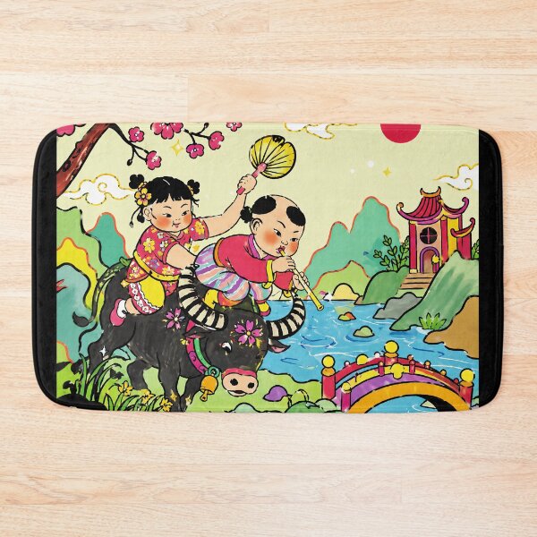 Item preview, Whimsical Folk Art Children Riding Buffalo in Colorful Asian Landscape designed and sold by eliramaison.