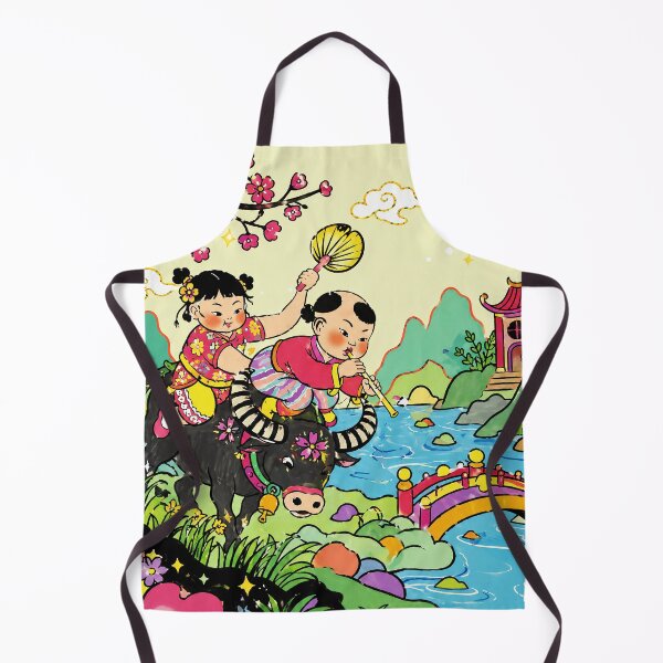 Item preview, Whimsical Folk Art Children Riding Buffalo in Colorful Asian Landscape designed and sold by eliramaison.