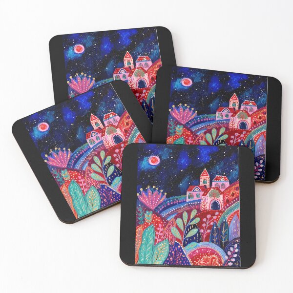 Item preview, Colorful Fantasy Village Painting with Dreamy Night Folk Art Landscape designed and sold by eliramaison.