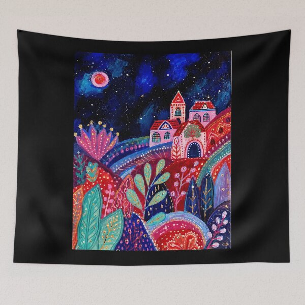 Item preview, Colorful Fantasy Village Painting with Dreamy Night Folk Art Landscape designed and sold by eliramaison.