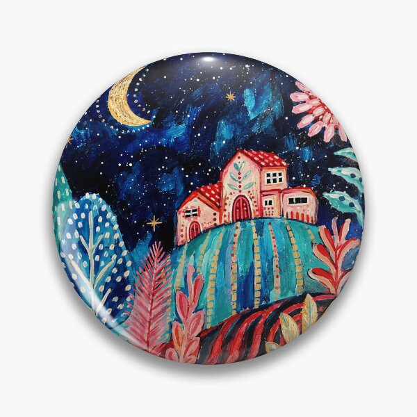 Item preview, Whimsical Moonlit Village Painting with Colorful Folk Art Landscape Style designed and sold by eliramaison.