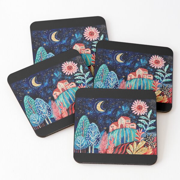 Item preview, Whimsical Moonlit Village Painting with Colorful Folk Art Landscape Style designed and sold by eliramaison.