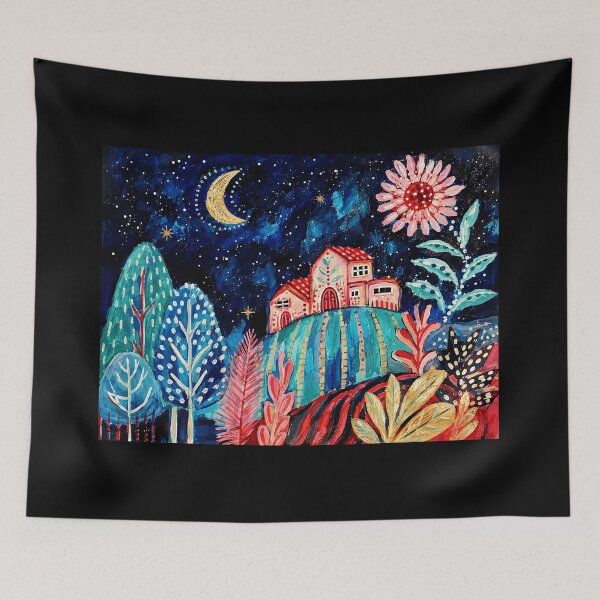 Item preview, Whimsical Moonlit Village Painting with Colorful Folk Art Landscape Style designed and sold by eliramaison.