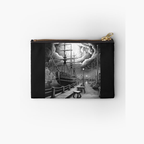 Item preview, Black and White Tall Ship Harbor – Stormy Nautical Maritime Art designed and sold by inkoutninja.