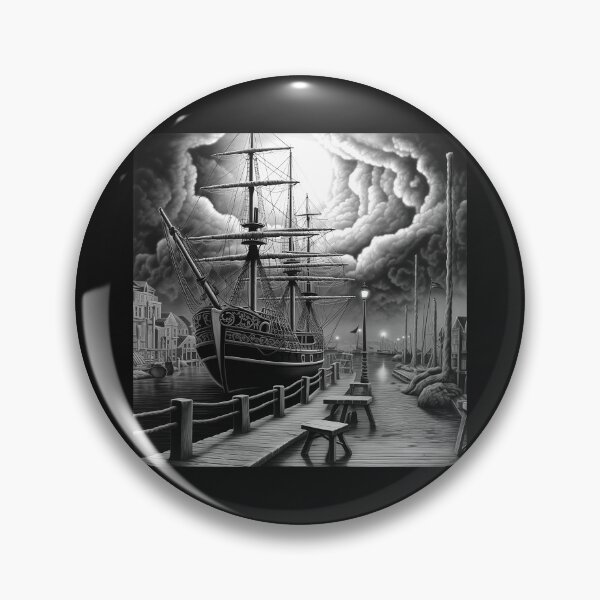 Item preview, Black and White Tall Ship Harbor – Stormy Nautical Maritime Art designed and sold by inkoutninja.