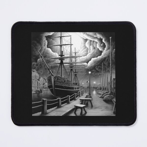 Item preview, Black and White Tall Ship Harbor – Stormy Nautical Maritime Art designed and sold by inkoutninja.