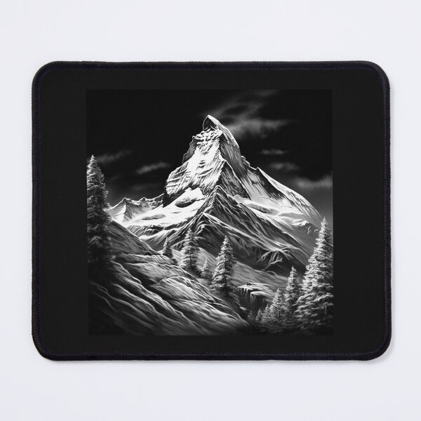 Item preview, Black and White Snowy Mountain Peak – Dramatic Alpine Landscape Art designed and sold by inkoutninja.