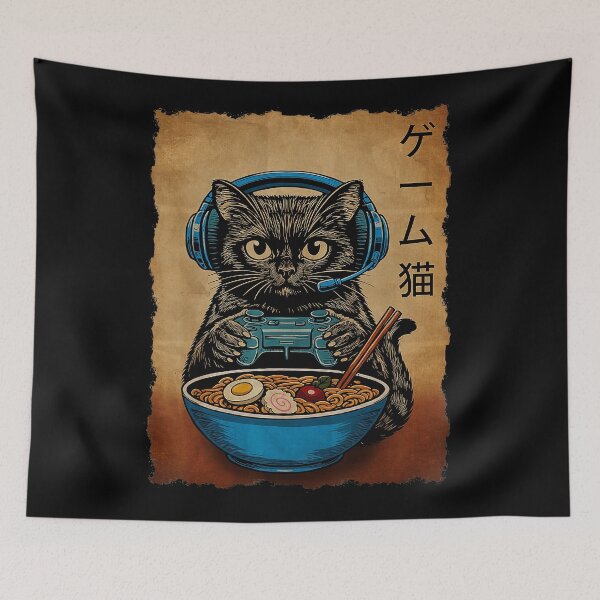 Item preview, Funny Gamer Cat with Ramen in Retro Japanese Arcade Art Style designed and sold by titanlevi.