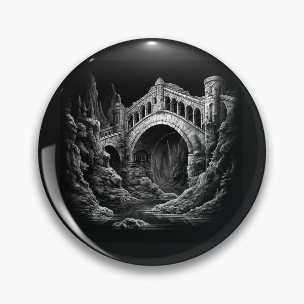 Item preview, Black and White Stone Bridge – Gothic Fantasy Castle Landscape Art designed and sold by inkoutninja.