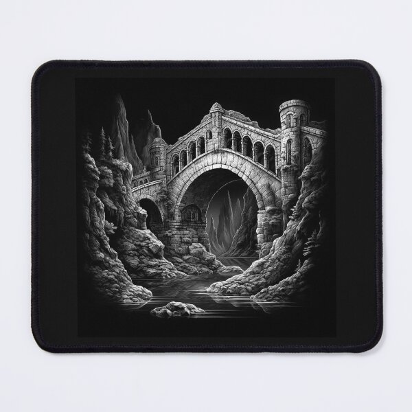 Item preview, Black and White Stone Bridge – Gothic Fantasy Castle Landscape Art designed and sold by inkoutninja.