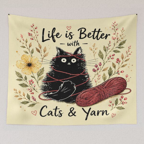 Item preview, Life is Better with Cats & Yarn Black Cat Watercolor Cute Knitting Graphic designed and sold by ArtoryNest.