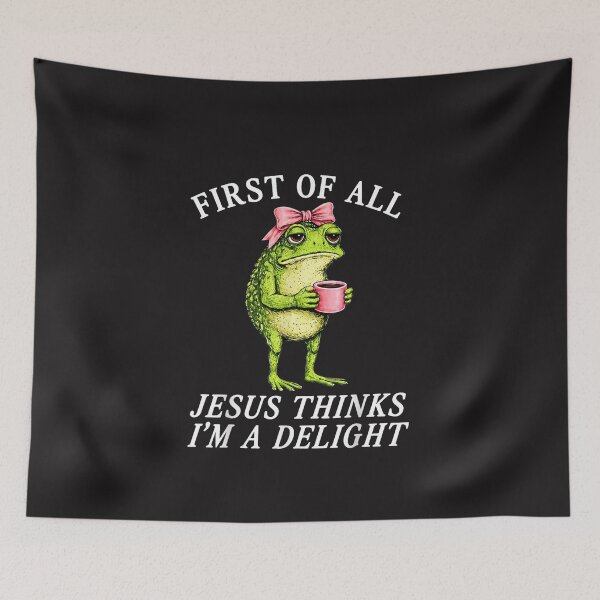 Item preview, Funny Frog Coffee Meme Jesus Thinks I’m A Delight Retro Design designed and sold by kiralynstration.