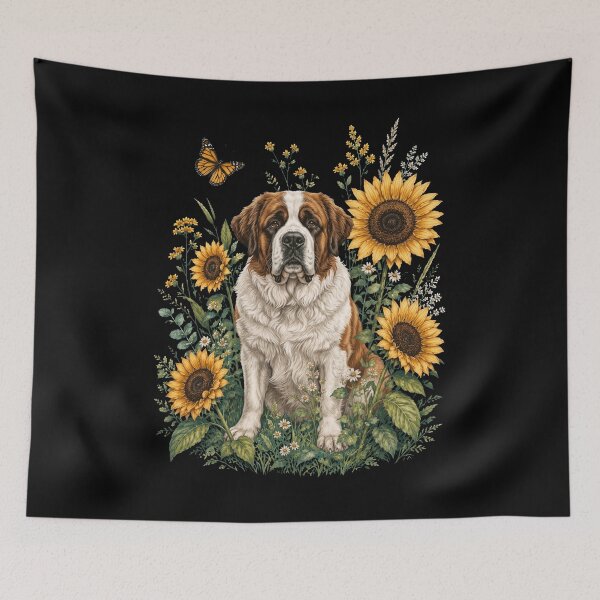 Item preview, Saint Bernard With Sunflower Cottagecore Art Dog Owner designed and sold by TerryConnells.