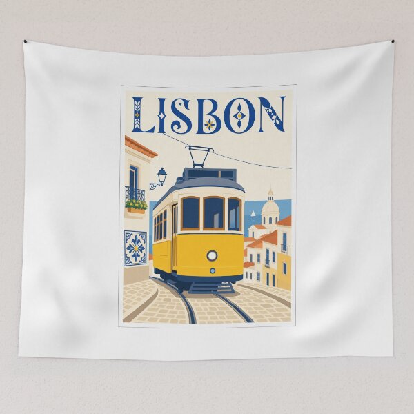 Item preview, Vintage Lisbon Portugal Travel Poster Yellow Tram designed and sold by Beyond Destinations.