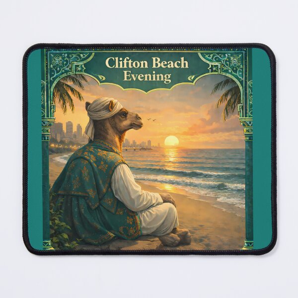 Item preview, Clifton Beach Evening Karachi Pakistan Camel Sunset Travel Poster designed and sold by AuraloomAtelier.