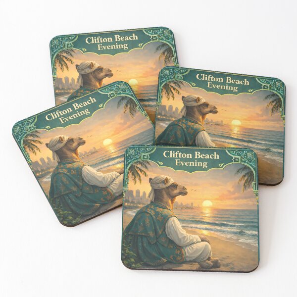 Item preview, Clifton Beach Evening Karachi Pakistan Camel Sunset Travel Poster designed and sold by AuraloomAtelier.