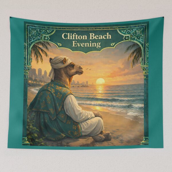 Item preview, Clifton Beach Evening Karachi Pakistan Camel Sunset Travel Poster designed and sold by AuraloomAtelier.