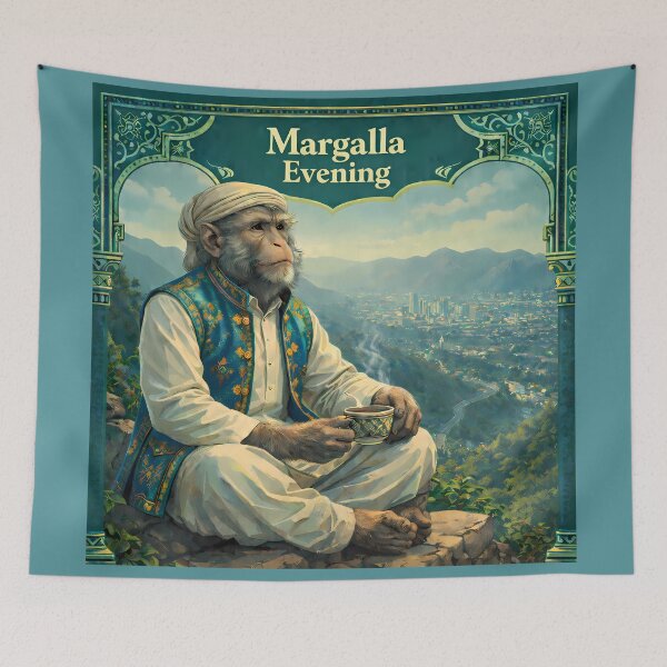 Item preview, Margalla Evening Pakistan Monkey Mountain Travel Poster designed and sold by AuraloomAtelier.