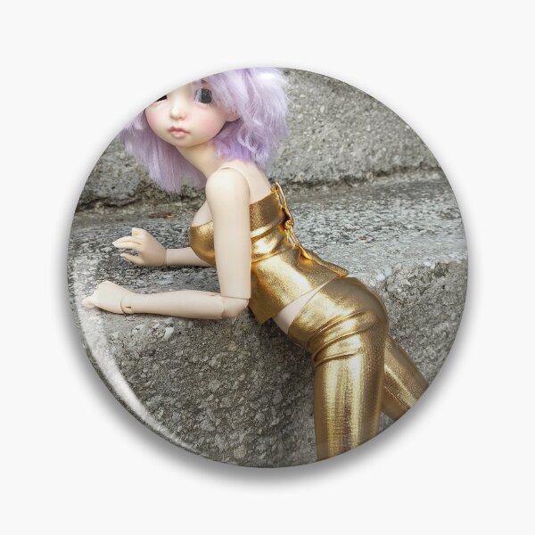 Item preview, Futuristic Cyberpunk aesthetic style photo shown doll wearing short lilac wig and metallic gold outfit, behind her are asphalt background designed and sold by Lenasminiland.