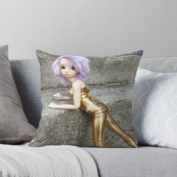 Item preview, Futuristic Cyberpunk aesthetic style photo shown doll wearing short lilac wig and metallic gold outfit, behind her are asphalt background designed and sold by Lenasminiland.