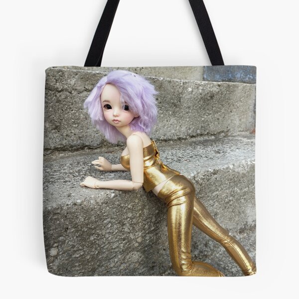 Item preview, Futuristic Cyberpunk aesthetic style photo shown doll wearing short lilac wig and metallic gold outfit, behind her are asphalt background designed and sold by Lenasminiland.