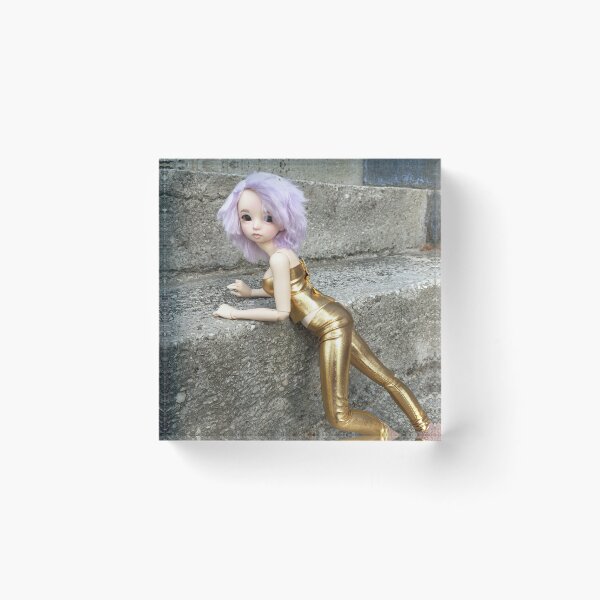 Item preview, Futuristic Cyberpunk aesthetic style photo shown doll wearing short lilac wig and metallic gold outfit, behind her are asphalt background designed and sold by Lenasminiland.