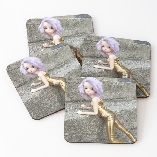 Item preview, Futuristic Cyberpunk aesthetic style photo shown doll wearing short lilac wig and metallic gold outfit, behind her are asphalt background designed and sold by Lenasminiland.