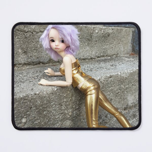 Item preview, Futuristic Cyberpunk aesthetic style photo shown doll wearing short lilac wig and metallic gold outfit, behind her are asphalt background designed and sold by Lenasminiland.