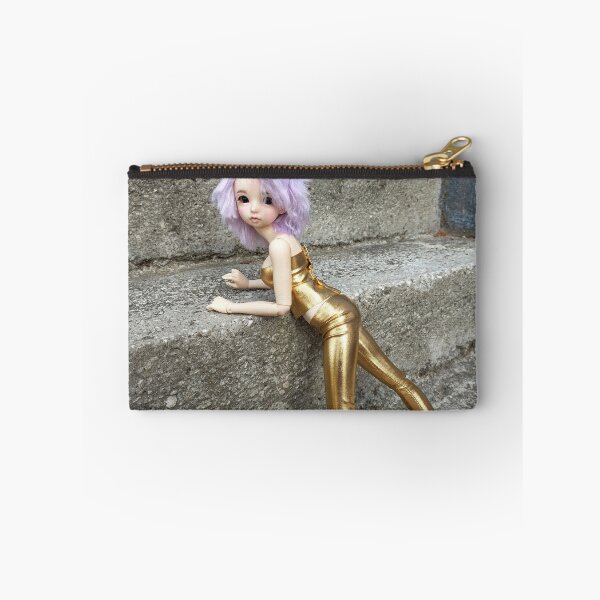 Item preview, Futuristic Cyberpunk aesthetic style photo shown doll wearing short lilac wig and metallic gold outfit, behind her are asphalt background designed and sold by Lenasminiland.