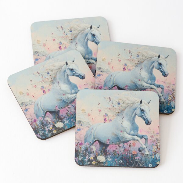 Item preview, Galloping White Horse Art, Impressionist Pastel Floral Meadow Print designed and sold by daila70.